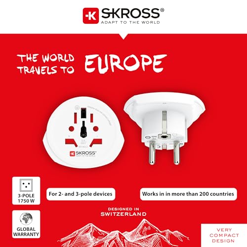 SKROSS | 1.500211-E | World to Europe | World Travel Adapter für Europa - Stromschlagschutz - Spannung und Leistung: 100V - 1600W / 250V - 4000W