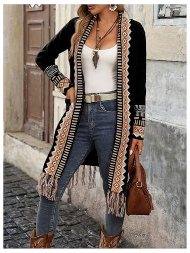 Women's Open Front Long Sleeve Cardigans Shirt Geo Pattern Casual Loose Knit Sweater with Pocket3