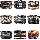 SAMOCO 34 Pcs Braided Leather Bracelets for Men Women Wooden Beads Cool Hemp Tribal Wristbands Cuff Bracelets Life Tree Punk Bracelet Multilayered Handmade Wrap Bracelets Adjustable