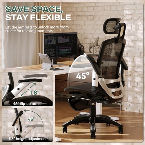 Image of GABRYLLY Ergonomic Office Chair, High Back Home Desk Chair with Footrest,3D Headrest, Flip-Up Arms, 135 Tilt and Wide Cushion, Heavy Duty Mesh Chairs for Task Computer Gaming, Black