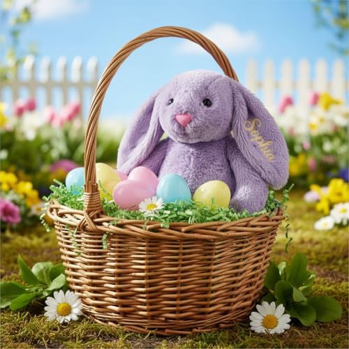 Personalized Easter Bunny Stuffed Animal, Custom Name Plush Rabbit Doll Gifts, Handcraft Fluffy Bunny with Long Ears Embroidered, Easter Stuffed Animals for Girls Boys Kids Gift Color01 - 3