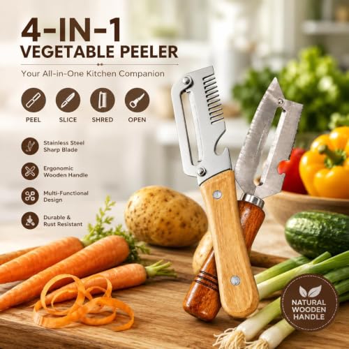 Image of 2-Piece Multifunctional Vegetable Peeler with Ergonomic Wooden Handle, Heavy Duty Stainless Steel 3-in-1 & 4-in-1 Kitchen Tool with Scallion Shredder & Built-in Bottle Opener for Home Cooking