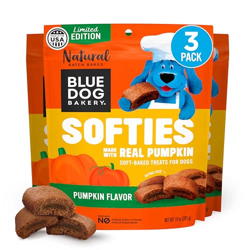Image of Blue Dog Bakery, Softies Pumpkin Chewy, Medium Dog Treats 10oz 3pk | Soft & Chewy Oven-Baked Dog Treat Chews, Made with Real Pumpkin & Other Real Premium Wholesome Ingredients in the USA