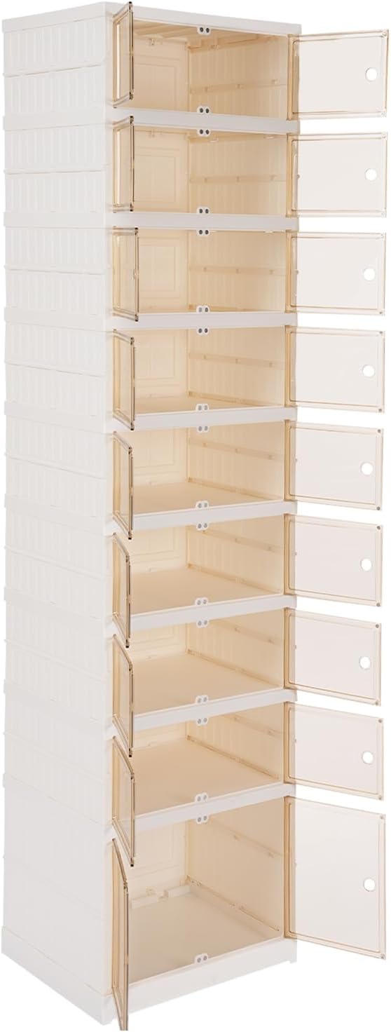 DYRABREST 9-Tier Foldable Shoe Cabinet, Double Door Plastic Shoe Organizer, Holds 36 Pairs, Portable with Magnetic Doors and Bottom Pulley, Space-Saving Shoe Storage for Entryway, Bedroom (18 Pairs)