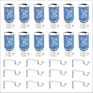GLOXY ENTERPRISE Stainless Steel Butterfly Print Curtain Brackets Parda Holder/Window Curtain Holders and Rod with Support 1 Inch Rod Support Fittings (SkyBlue 6 Pair)