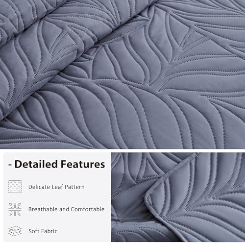 EXQ Home Quilt Set Twin Size Bluish Grey 2 Piece,Lightweight Soft Coverlet Modern Style Leaf Pattern Bedspread Set(1 Quilt,1 Pillow Sham)