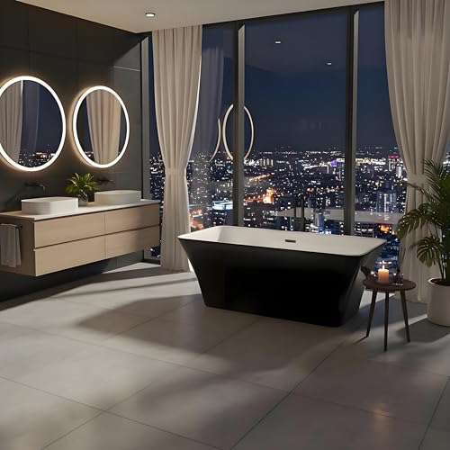 Freestanding Bathtubs 67 inch Acrylic Stand Alone Tub – Black Exterior White Interior, Chrome...