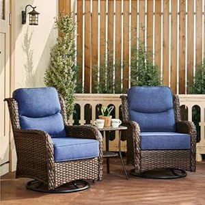 Luxury High Back Outdoor Swivel Rocker Patio Chairs Set of 2 with 6 Inch Thick Cushions and Side Table Ideal for Porch Poolside Deck and Yard in Blue
