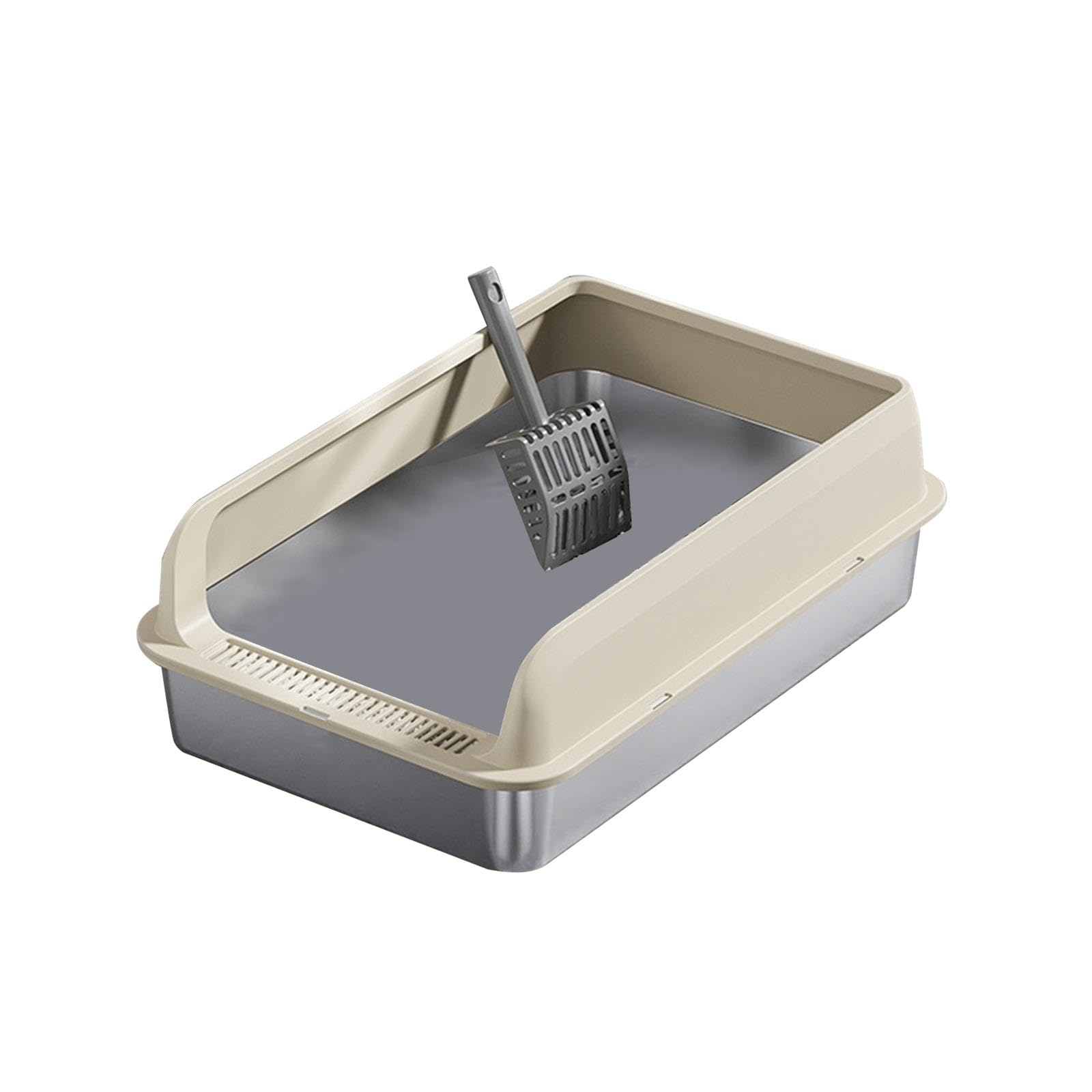 Katzentoilette Edelstahl Katzenklo mit Schutzrand Metall Katzenstreu Pfanne Sandkasten Schale mit Griff für Kätzchen Erwachsene Katzen für Innenräume, Khaki und M