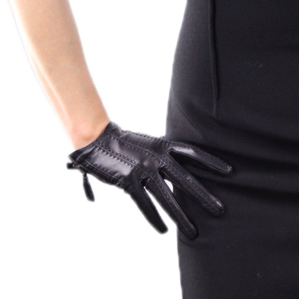 Women Gloves Real Leather Black Wrist Short Zipper Fringe Tassel
