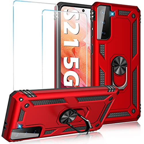 Image of Case for Samsung Galaxy S21 5G Case Heavy Duty with Built in Screen Protector Hard Armor Military Anti-Fall Bumper Cover for Samsung S21 5G 6.2 2021 Phone Cases with Magnetic Ring Kickstand Red