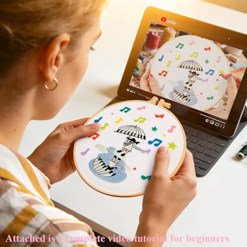 Image of Hand DIY Embroidery Kits for Beginners Adults, Cute Crewel Embroidery Art Kits, Stamped Cross Stitch Kits for Beginners Adults Craft Kits for Women, Entire Set of Embroidery Supplies & Video Tutorial