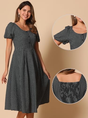 Image of Allegra K Plaid Dress for Women Summer Smocked Back Round Neck Puff Short Sleeve Flowy Midi Dresses