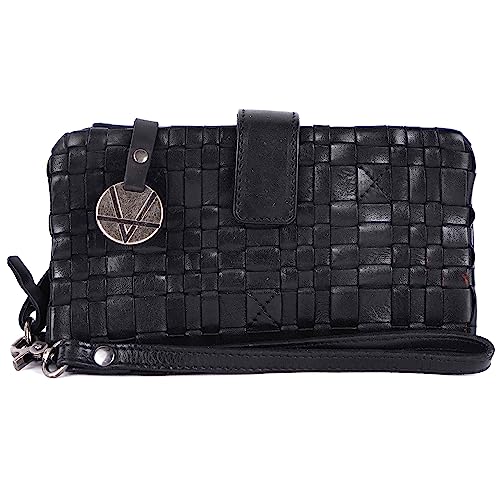 Genuine Leather Wallets for Women, Small Wallet for Women Zipper Coin Purse Credit Card Holder with Strap (VL-158-BLACK)