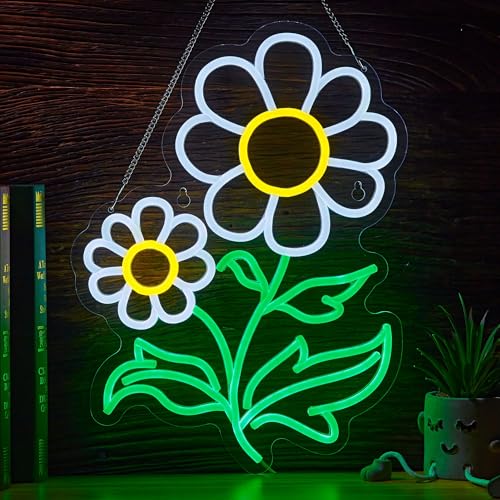 Image of Daisy Flower Neon Sign Flora LED Neon Lights Boho Decor for Bedroom Wall Decor Vintage Light Up Signs Room Party Bedroom Classroom Hanging Decoration Gifts 16.5 x 12.6 inchs