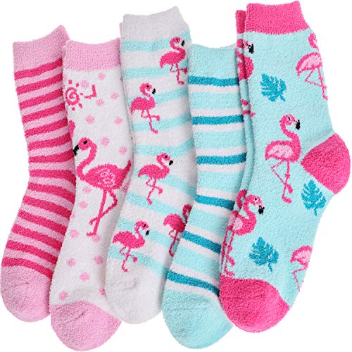 Womens Girls Fuzzy Socks 5 Pairs Soft Cabin Warm Fluffy Cozy Slipper Winter Stocking Stuffers Fleece Adult Sleep Plush Socks (Flamingo A)