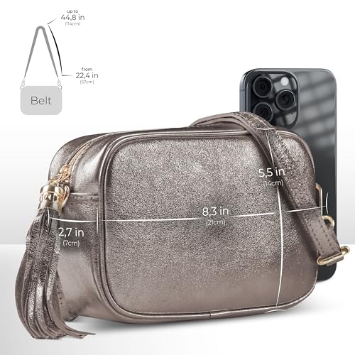 Image of Italian Genuine Metallic Suede Crossbody Bag for Women with Zipper | Small Leather Camera Purse Shoulder Handbag Pocketbook