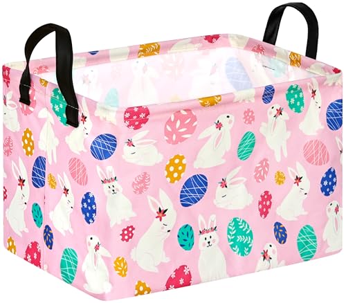 Image of Rectangle Gift Storage Basket Home Shelf Storage Basket Organizer Box Clothes Laundry Hamper Nursery Basket Laundry Basket with Handles (Pink White-Bunny)