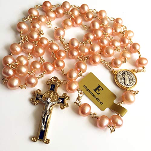 elegantmedical Pink 8mm Real Pearl BEADS St. Benedict ROSARY CROSS Necklace & box Catholic GIFTS4