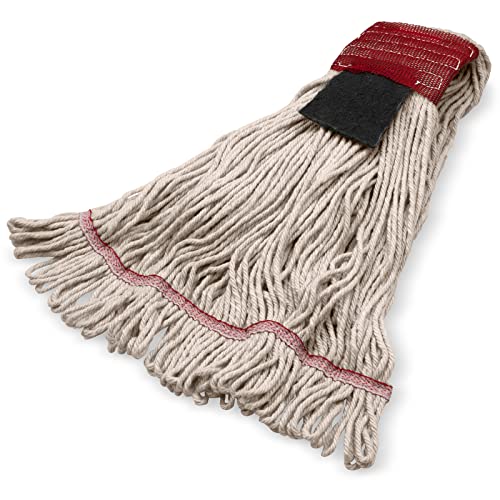 Image of SPARTA Flo-Pac Mop Head Loop-Ended, Wide Band with 5 inch Red Band with Scrubber for Organized Cleaning, Large, Natural, (Pack of 12)