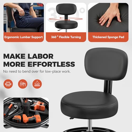 Image of BestGlory Shop Stool with Wheels for Garage, Mechanics Rolling Chair with Backrest, Adjustable Height Heavy Duty Garage Stool with Footrest and Storage Tray, Swivel Task Chair for Workshop Salon