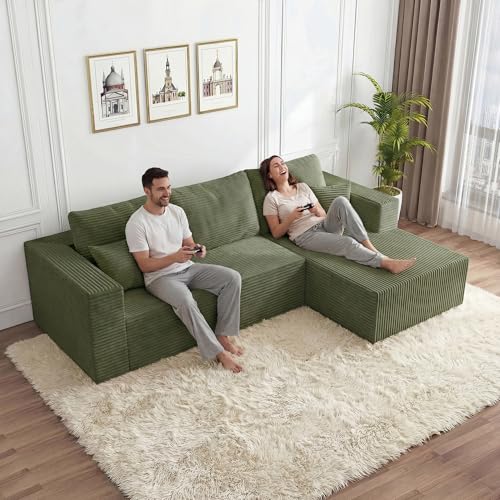 Image of 108 inch Modular Sectional Sofa, L-Shape Cloud Couch with Deep Seats & Chaise, 4-in-1 Covertible Corduroy Boneless Couches for Living Room, Bedroom, No Need Assembly - Green(Right Facing Chaise)