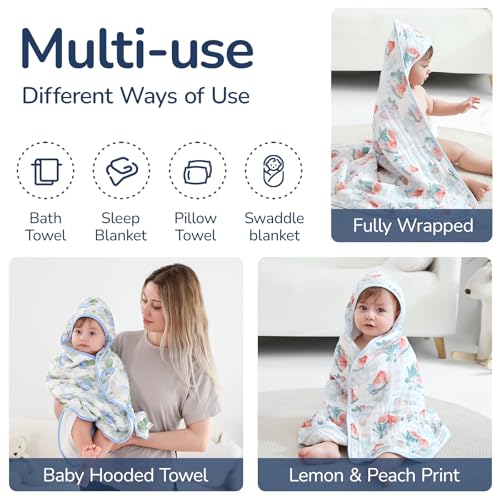 Image of Baby Hooded Towel 2 Pack, Ultra Absorbent & Soft Muslin Baby Towel - 32 x 32 Inches, Baby Bath Towel for Newborns, Infants & Toddlers, Ideal for Bath Time, Pool & Beach