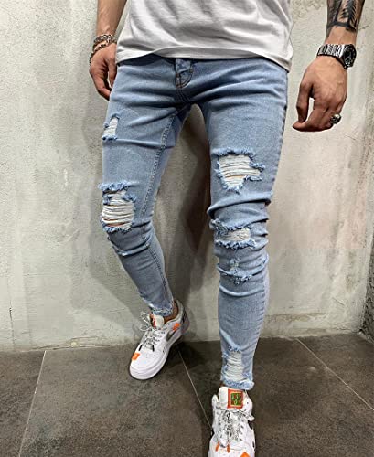 ebossy Mens Ripped Destroyed Jean Ditressed Slim Tapered Leg Washed Denim Pants3