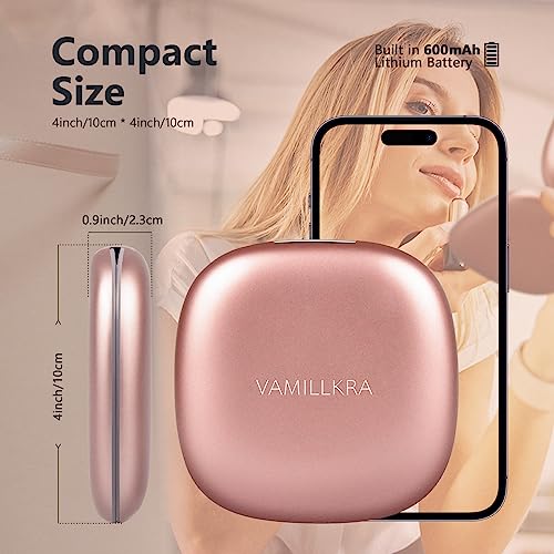 Vamillkra Compact Mirror With Light, 1X/5X Magnifying Mirror, Rechargeable Led Travel Makeup Mirror, 3 Colors Dimmable Touch Screen Lighted Portable Pocket Mirror For Handbag (Rose Gold) #TOP5