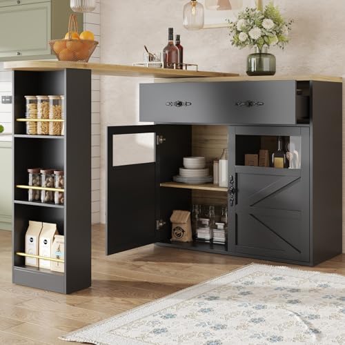 PUGSDRLY Table de Bar Extensible avec Espace de Rangement,Table Bar Cuisine Pivotant à 360°,2 Porte et 1 Tiroir,Compartiment Ouvert,Comptoir de Cuisine (E,...