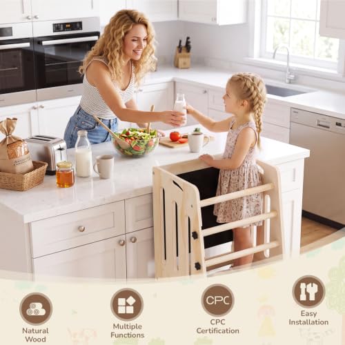 Image of Toddler Tower Kitchen Helper Adjustable Height, Toddler Kitchen Stool with Blackboard, Super Stable Learning Tower with Safety Rails & Soft Non-Slip Pads, Wooden Kids Step Stool(Natural)