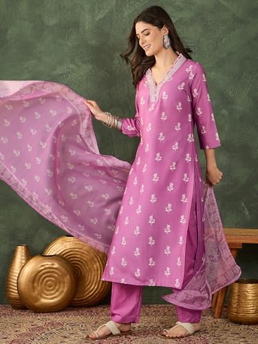Image of Naixa Women's Rayon Embroidered Straight Kurta with Pant and Dupatta Sets (NX-780)
