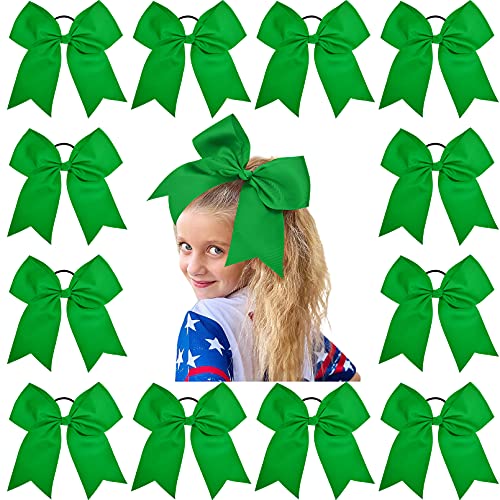 12Pcs 8" Large Cheer Bow Green Ponytail Holder Elastic Band Hair Ties Hair Bow Accessories For Cheerleading Teen Girls High School College Softball Competition Sports #TOP6