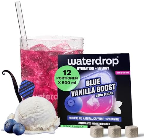 waterdrop® Microenergy Blue Vanilla – 12 Waterdrop Drops Würfel mit 90mg natürlichem Koffein – Energy Drink Getränkepulver zuckerfrei & kalorienarm - Energie-Booster mit Vitamin C