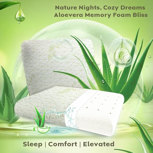 Image of AYKA Aloevera Memory Foam Pillow for Neck & Shoulder Pain | Neck Orthopedic Pillow for Sleeping, Pain Relief & Spinal Alignment | Ergonomic Design | 2 Years Warranty (Set of 2)