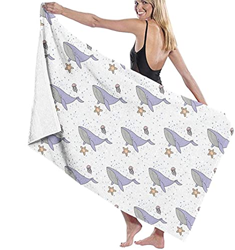 Beach Towel Large,Blue Whale Jelly Fish in Blue Sea,Quick Dry,Sand Free Microfiber Beach Towel,Summer,Sun Lounger Beach Towel,Swimmers,Outdoor Camping, Gym,Yoga,Travel-52''x32'' (80*130cm)