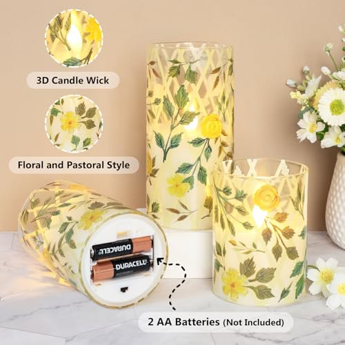 Image of Crystal Club Yellow Floral Flameless Candles with Remote & Timer, 3D Wick Flickering Pillar LED Flameless Candles, Battery Operated for Home Wedding Party Festival Decor, Set of 3