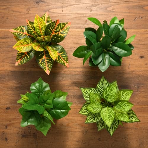Image of DecoreBugs Artificial Leaves Potted Plants in Wooden Pot (4 Pack) Money Plant | Small Plants for Home Decor | Office Decor
