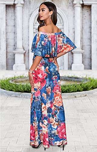 Koh Koh Womens Long Strapless Cold Shoulder Spring Summer Floral Flower Print Cocktail Party Flowy Floor Length Sexy Sundress Maxi Dress Dresses Gown Gowns, Blue & Red L 12-14 #TOP4