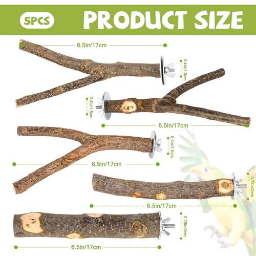 Image of 5PCS Natural Wood Bird Perch Set - Straight & Forked Branch Perches Cage Perches Accessories for Small Medium Birds, Parakeets, Budgies, Cockatiels, Conures