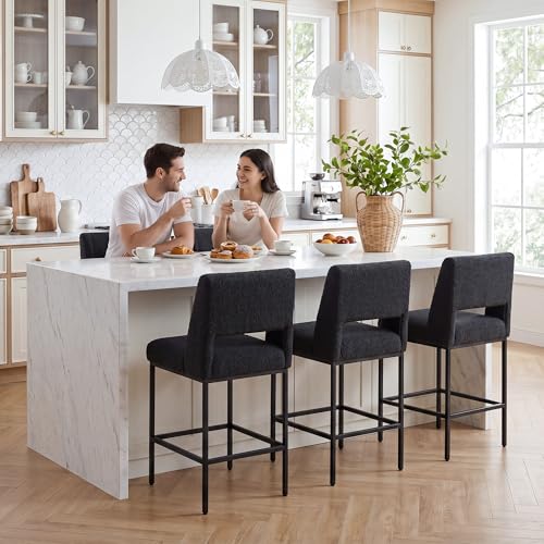 Image of Zesthouse Upholstered Counter Height Stools Set of 4, 26 inch Boucle Fabric Bar Stools with Back, Metal Barstools Heavy Duty 300 Lbs, Modern Counter Height Chairs for Kitchen Island, Black(Dark Grayish)