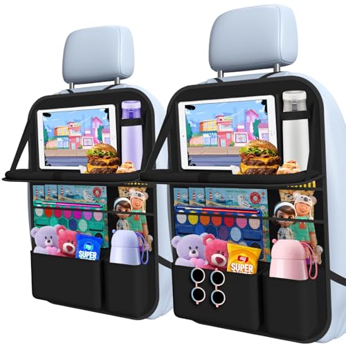 Oneyus Car Backseat Organizer with table Tray, 9 Storage Pockets Backseat Car Organizer with Tablet Holder, Back seat Organizer for Kids Road Trip Essentials Travel (1Pack)