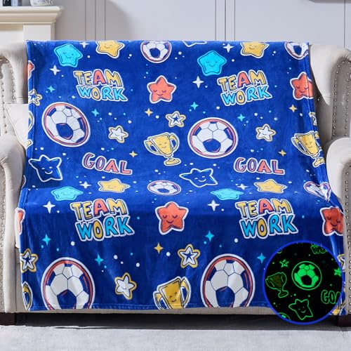 keepitcozi Soccer Toys Gifts Glow in The Dark Throw Blanket for Boys Girls, Sports Friendship Birthday Gifts for 3 4 5 6 7 8 9 10 Year Old Kids and Teens, Soccer Stuff Decor for Women Men Son Daughter