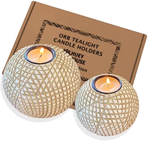 Luca Orb Candle Holders (Gift Boxed Set of 2), Table Centerpieces for Dining or Living Room, Spa, Bathroom, Kitchen Counter, Mantle or Coffee Table Decor (Grid Pattern, Beige and White)