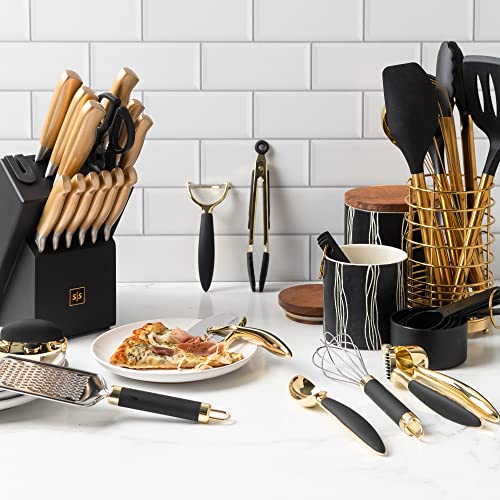 Black and Gold Knife Set with Block, Gold Kitchen Utensils, Gold