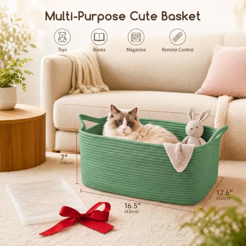 Image of OIASKET Large Empty Cotton Rope Gift Basket with Handles, 16.5 inchx12.6 inchx7 inch Decorative Woven Storage Basket with Gift Bag and Ribbon Set for Baby Shower, Toy Organizer for Kids, Dogs & Cats - Green