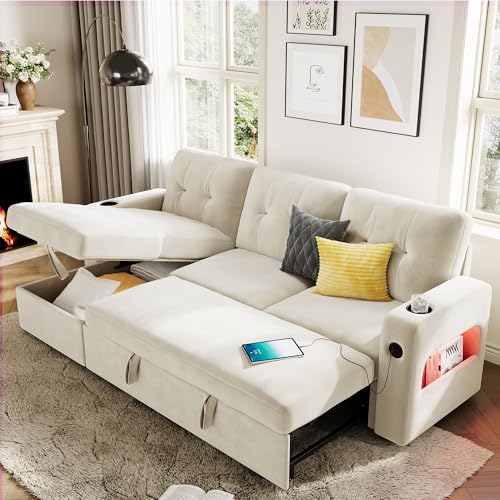GarveeHome 84 Inch Sleeper Sofa Couch, L-Shaped Couches, Convertible Pull Out Sofa Bed with Storage, Charging Station, Led Lights, Modern Sectional So