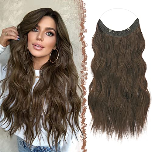 FESHFEN Extensiones Hilo Invisible Marrón Castaño Largo Ondulado Rizado Secret Extensión Invisible de Pelo sin Clips Sintética Postizos para Mujer, 50 cm