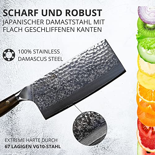 Foto von Stallion Chinesisches Kochmesser Damast 17,5 cm - Chinesisches Hackmesser Damast mit edlem Griff aus Ironwood - Profi Küchenmesser aus Damaststahl mit Edler Geschenkbox - Extrem scharfes China Messer