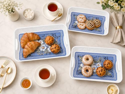 Image of 3 Pcs Plastic Serving Tray Set with Handle | Multipurpose Tea Snacks Breakfast Tray | Floral Printed Rectangular Serving Trays for Kitchen & Home (Blue Flower)